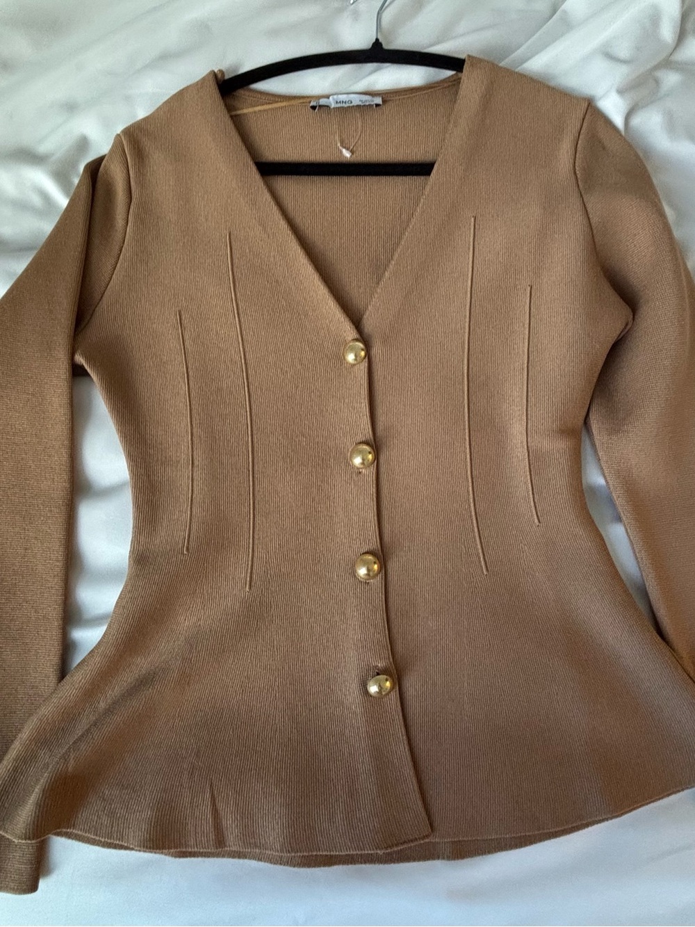 Mango Camel Knit V-Neck Cardigan with Gold Buttons